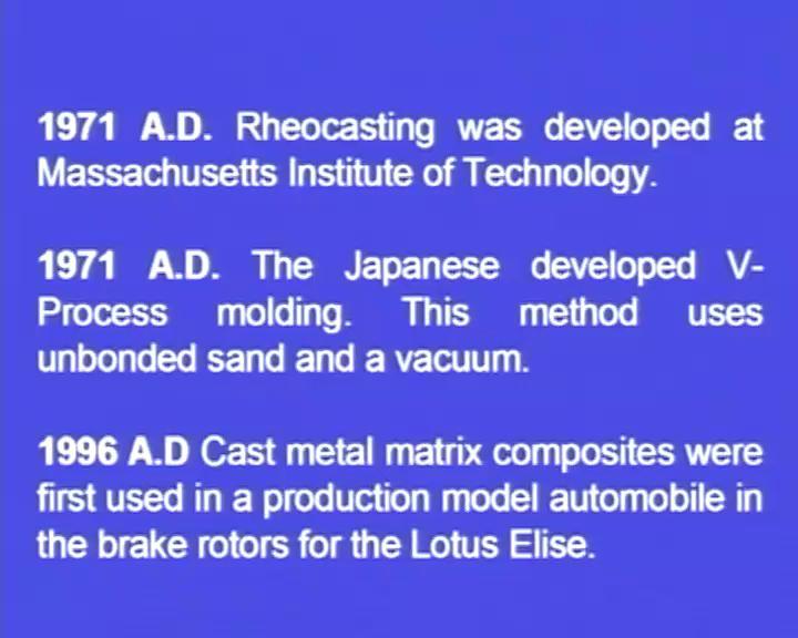 (Refer Slide Time: 08:35) In 1971 AD, Rheocasting was developed at MIT. In 1971 AD, Japanese developed V- Process moulding.