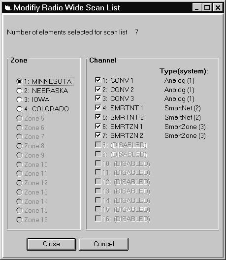 PROGRAMMING Button - Displays the following screen that selects the channels in each Zone and System that are in this scan list. Select each Zone and then the channels to be included from that zone.