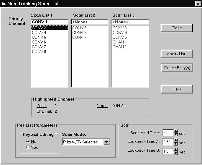 Scan List Button Clicking Scan List in the left pane or that button in the General screen displays the preceding screen which is used to program the conventional scan lists described in Section.