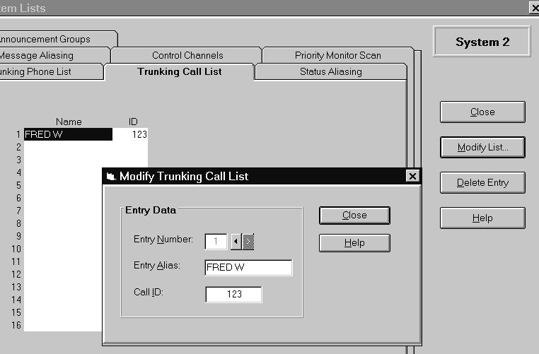 PROGRAMMING Trunking Call List Screen Priority Monitor Scan Screen This screen allows the list of IDs used for private calls to be programmed. A maximum of 6 IDs can be programmed (see Sections.5.
