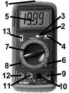 Description (MV120 pictured) 1. Display release button 2. AC/DC selection on models MV110, MV120 3. Hold Button on model MV130. 4. Power ON/OFF button 5. LCD display 6. Transistor socket 7.