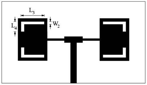 A quarter wave transformer of length L t and width W t is connected between 100 Ω feed line and centre point of radiating element to provide better impedance matching.