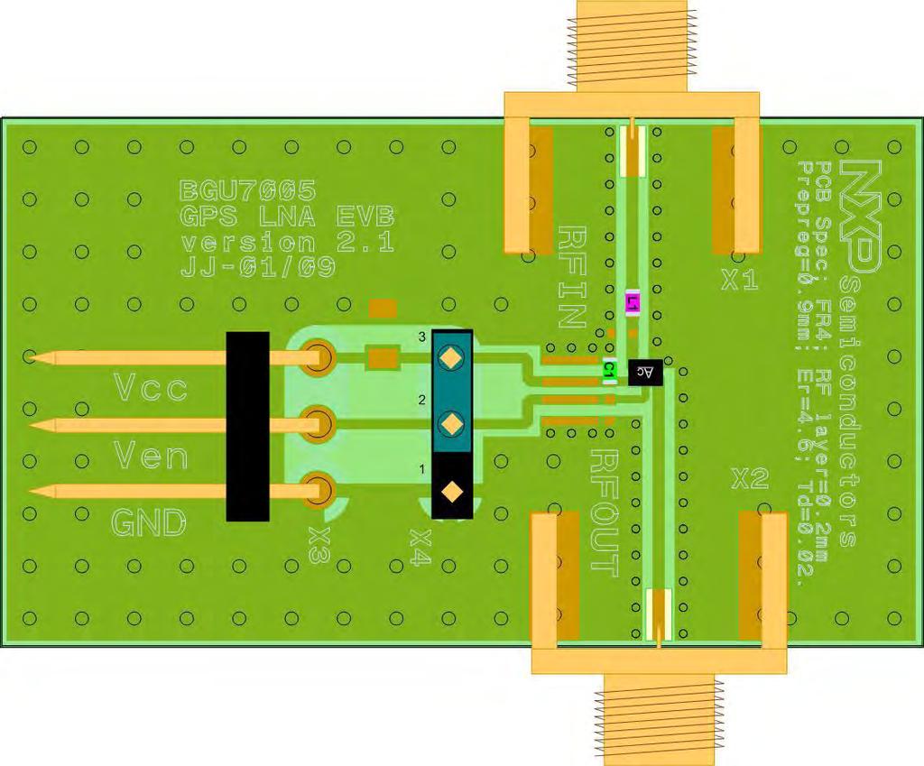 3.1 Application Circuit The circuit diagram of the evaluation board is shown in Fig 2. With jumper JU1 the enable pin can be controlled to either to V cc or GND. Fig 2. Circuit diagram of the BGU7004 evaluation board 3.