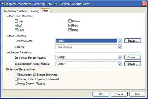 AutoCAD Architecture 2009 Advanced 9. In the Other tab select the information for Surface Hatch Placement, Surface Rendering, Live Section Rendering, and 2D Section/Elevation Rules.