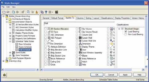 AutoCAD Architecture 2009 Advanced Classifications and Schedules Classifications can be used in scheduling as a column in a schedule table or as a filter to exclude or include items in a list.