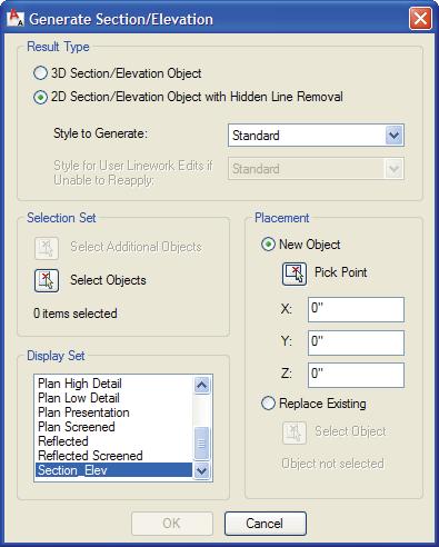 AutoCAD Architecture 2009 Advanced The Generate Section/Elevation dialog box displays as shown below. 7. In the Result Type section select to create either a 2D or 3D Section/Elevation object.