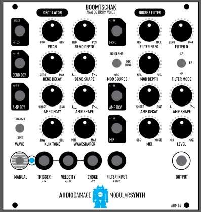 1. Brief Overview BoomTschak is an Eurorack module for synthesizing drum and percussion sounds. It contains a VCO, three envelope generators, a noise source, a multi-mode VCF, and several VCAs.