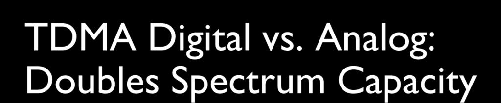 TDMA Digital vs. Analog: Doubles Spectrum Capacity ANALOG TDMA Regulatory emissions mask 12.5 khz 1 voice for each 12.