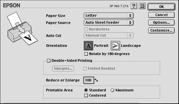 Basic Printing on Mac OS 8.6 to 9.x Before you begin, make sure you selected your printer in the Chooser as described on the Start Here sheet. 1. From the File menu, select Page Setup.