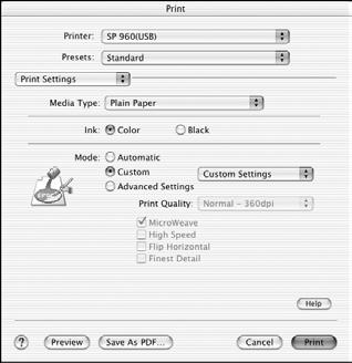 Click Custom, then choose: Advanced Photo 2880 (for the best quality) Economy (to save ink on plain paper) or ColorSync (to match printed colors with compatible device colors) Macintosh OS X