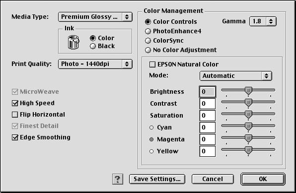 4. Select these advanced settings as necessary: Select color management settings here Click here to select a different print quality for your media type Select various print