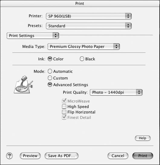 x Click here to select a different print quality for your media type Select various print options here Macintosh OS X To select color management settings, select Color