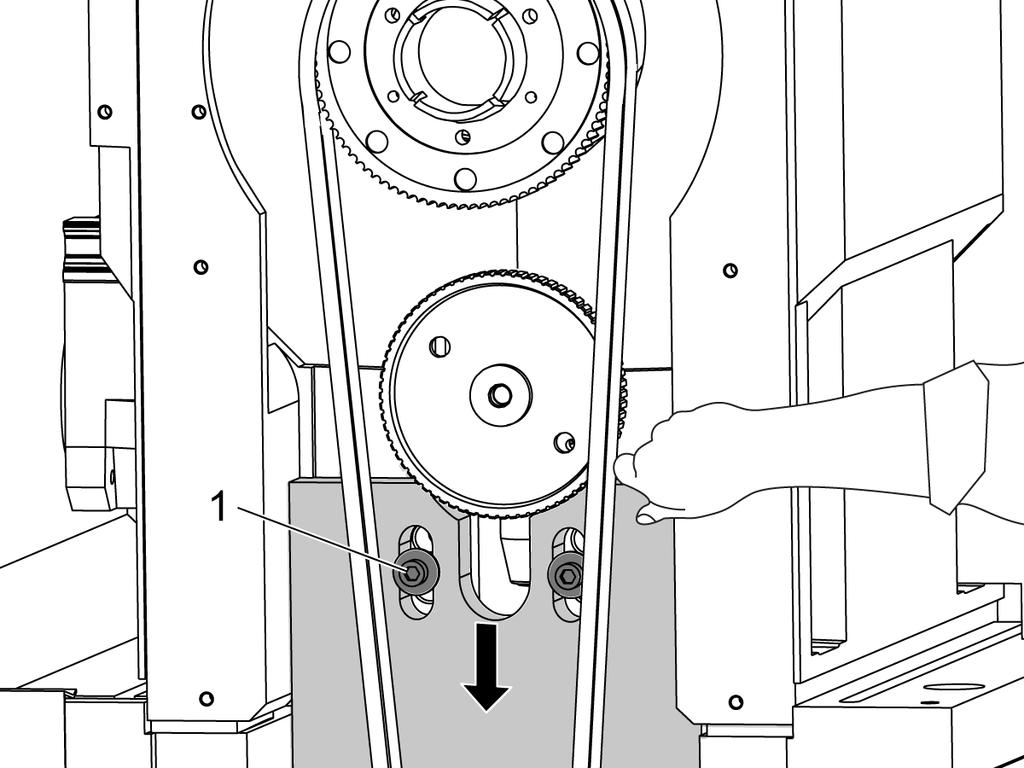 1 Loosen the (3) screws [1] on the plate that holds the motor. Push down on the plate until the belt has tension. Use your hand to tighten the (3) screws for plate.