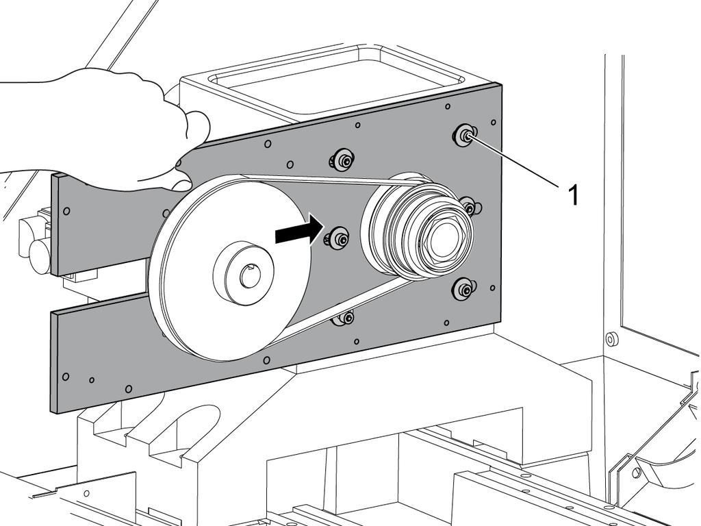 Office Lathe - Spindle Drive Belt - Tension Adjustment - Gates Sonic Meter 1 Loosen the (6) screws [1] for the plate that holds the motor. Push the plate to the right until the belt has tension.