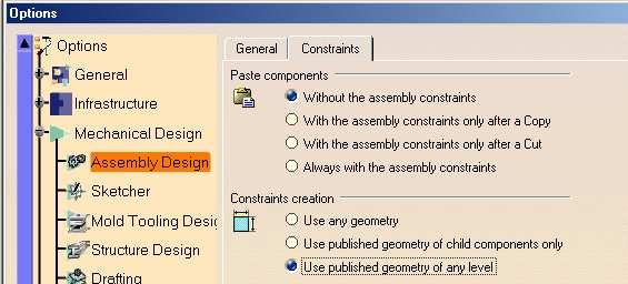 User Setting: Use Published Geometry to Constrain (1/3) Use the following steps to configure CATIA to accept only published geometry while constraining an assembly: 1. Click Tools > Options. 2.