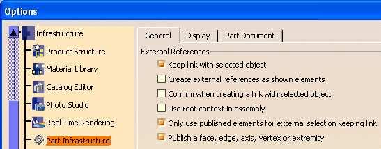 User Setting: Only Use Published Geometry for External References Use the following steps to configure CATIA to allow only published elements to be selected while creating geometry in context: 1.