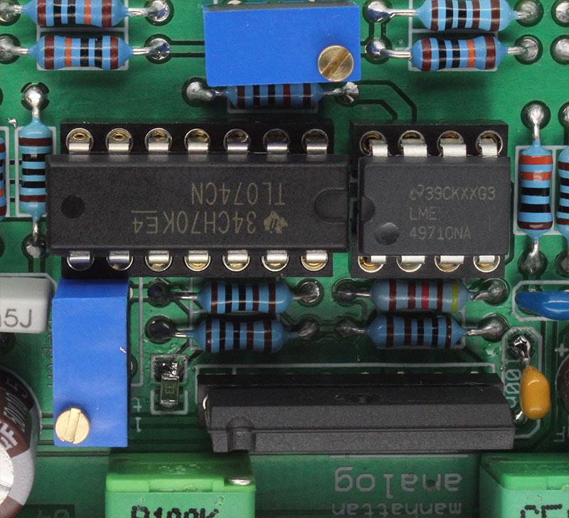 Note that on the single row header you cut down to size, there is a box marked on the PCB, at the point closest to the blue trimmer. Align the notch on the THAT2180B chip.