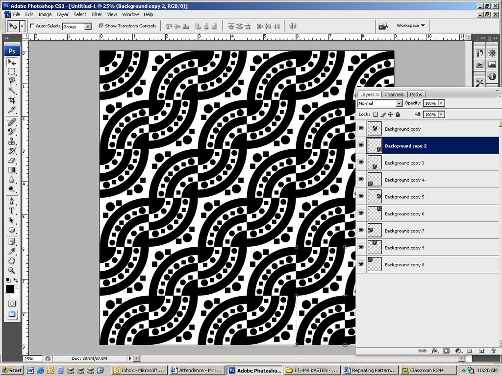 Delete the original Background Layer. Then move the layers in to a position that will complete a page of patterns.