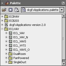 Using the dc gfxapplications Accessing the Preloaded Applications with EC-Net AX Pro The ECL-VAV Series preloaded applications can be found in the dcgfxapplications palette.