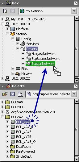 To access the preloaded applications of an ECL-VAV Series controller, it must first be created in the BcpLonNetwork driver of the configured station and then matched with an existing device in the