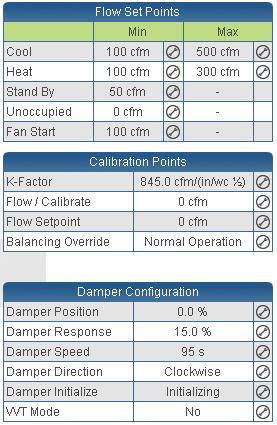 Using the dc gfxapplications Balancing the VAV The VAV airflow balancing can be performed from the Flow Set Points, Calibration Points, and Damper Configuration tables in the Configuration page.