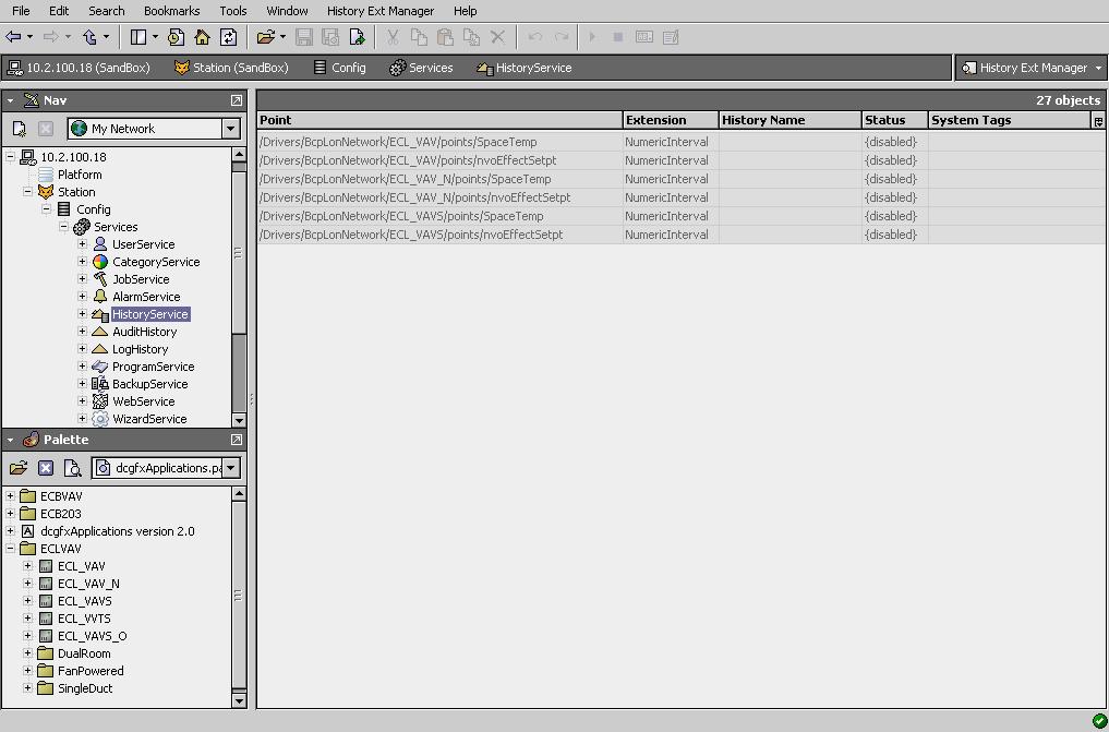 In the Nav tree of EC-Net AX Pro, expand the Services folder of the configured station. 2. Double-click HistoryService.