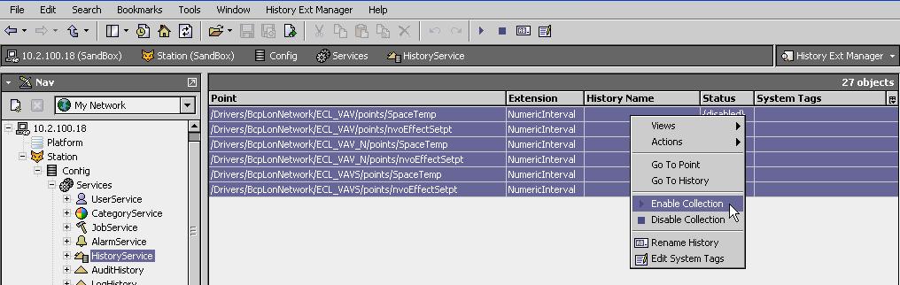 Using the dc gfxapplications The History Extension Manager displays the history-related extensions of all the controllers in the BcpLonNetwork driver.
