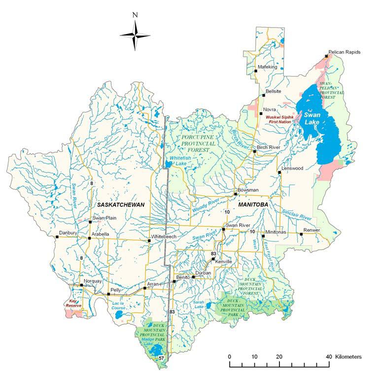 Figure 1: Swan Lake Watershed The planning area in this case is a watershed, but is made up of a number of sub-watersheds, the main ones being Swan River, Roaring River, Woody River and Birch River.