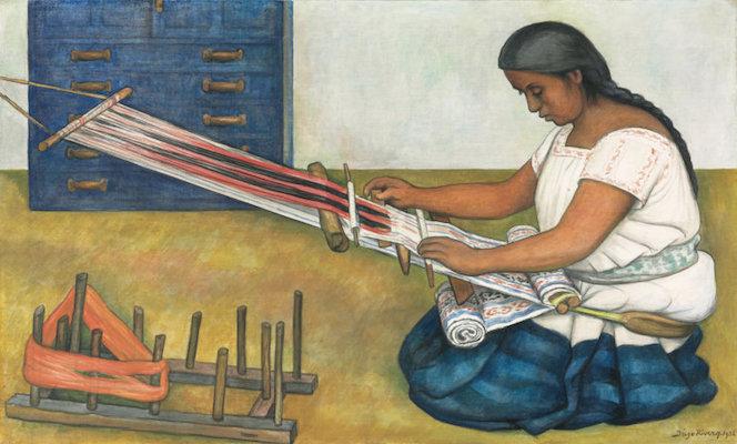 The making of Andean textiles Weaving on a backstrap loom, Diego Rivera, The Weaver, 1936, tempera and oil on canvas, 66 x 106.