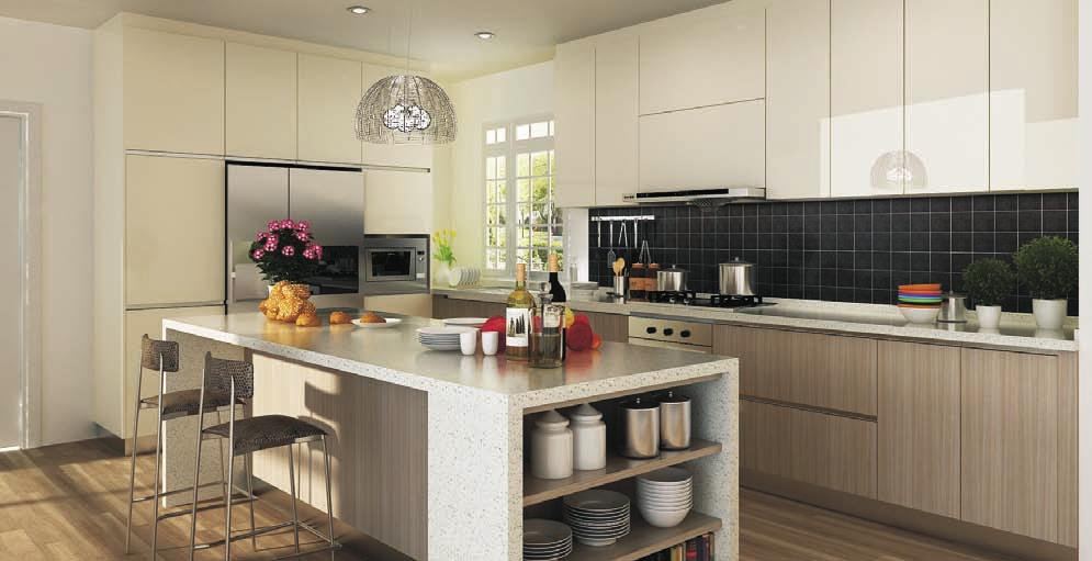 SALONGA Laminate ATS14-M06 This modern kitchen has a very clean outline. We use hidden bar handles for all units to create a smooth and natural finish.