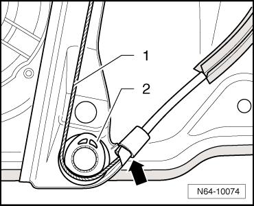 Check 4 ends of release cable sheathings for correct seating in mounts -arrow-. Route release cable -1- onto eccentric washer of relay pulleys -2- as depicted in illustration.