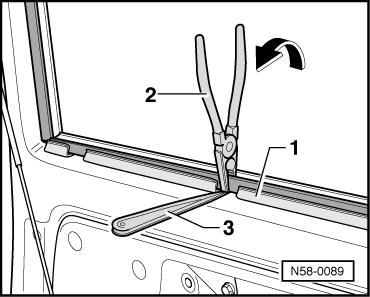 Using a screwdriver -1-, lift catch -2- and remove filler piece -3- upward out of window frame. Grip inner window recess seal -1- using pliers -2-.
