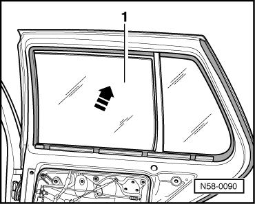 Slide door window -1- upward and remove inward -arrow- from door.