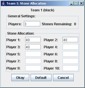 Figure 12. Allocation of stones to players on team 1 4.1.1.2.1.1 General Settings Players: the number of players on this team [default 1 player]. Maximum 10 players per team. eg.