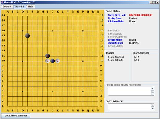 The game host has a tabbed pane for each board in the game. Figure 18. View of the game board on the game host On the game host all stones placed by players appear on the game board.