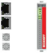 The lower RJ45 socket may be used to connect further EtherCAT devices in the same strand. The external RJ45 sockets of the EJ1101-0022 can be installed directly on the signal distribution board.