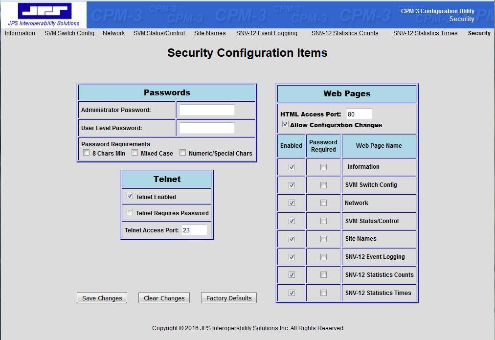 6.5.1 The Security Configuration Page When browsing to the CPM-3 module, a link to the Security Configuration page is located on the main Information page.