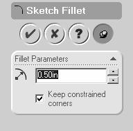 The five corners of the gasket are sharp and need to be rounded. This can easily be accomplished using the fillet editing command. Click the Fillet icon (round corner symbol) on the sketching toolbar.