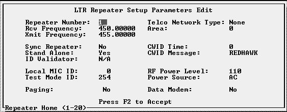 REPEATER PROGRAMMING Table 5-1 REPEATER SETUP PARAMETERS Parameter Response Description Repeater Number 1-20 Each repeater is assigned a Home Repeater number from 1-20.