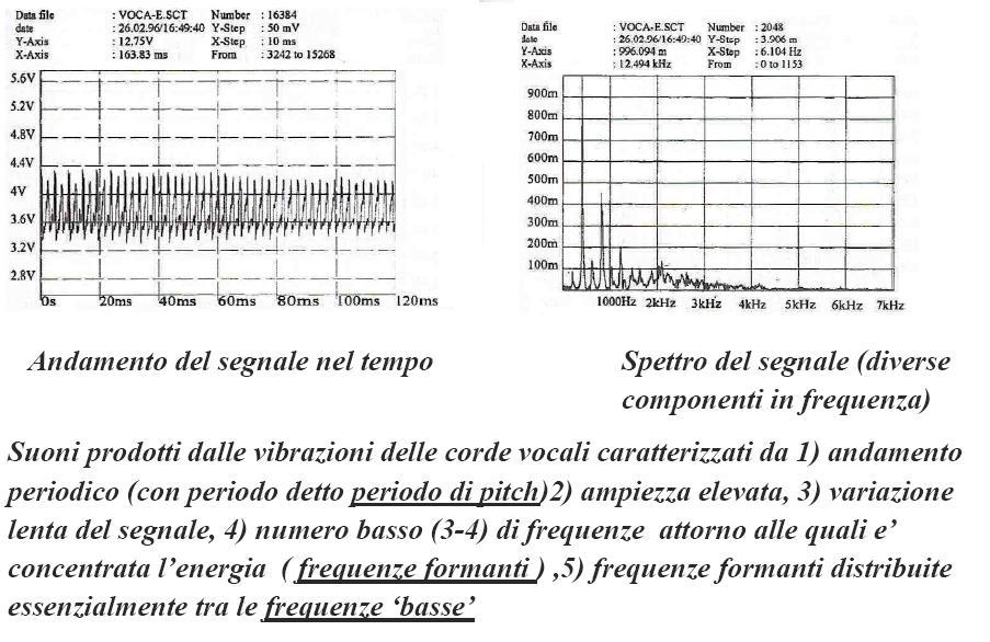 Voice coding: voiced sound Time- frequency features, vowel e suono vocalizzato: vocale e Signal in time Signal spectrum (frequency components) Sounds produced by the vibrations of the vocal folds