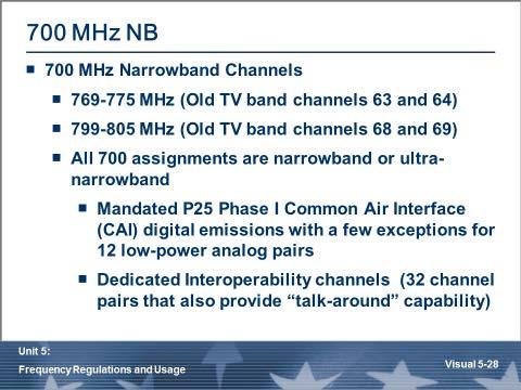 700 MHz NB Adjacent to 800 MHz public safety band Digital requirement Dedicated interoperability channels (P25 CAI required) Original channelization shifted