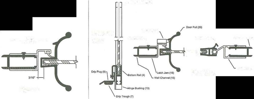 General: Well channels (15) are supplied 7 /4" long. For door only installation (with no header or curb), cut with a hacksaw to 5/8" so they will not extend above the hinge and latch jambs.