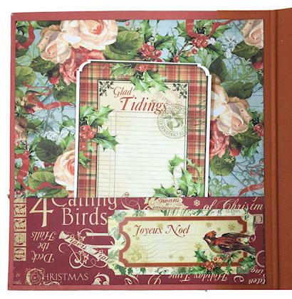 Step 7: Front Inside Cover Locate one sheet of Christmas Rose, the Glad Tidings image from Holly and Ivy, the Joyeux Noel journaling sticker, and one of the ivory pages removed from the album.