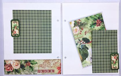 Adhere the other green Christmas Rose ticket stamp to the right of this photo mount. Cut a 4¼ x 5¾ panel from a reserved vellum page. Adhere a 4 x 5½ panel from Turtle Dove and insert in tuck spot.