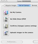 This will add the image. Select this to add images to the camera without making changes. 1. Click the [Set to Camera] tab in the Camera Control Window. 2. Click [Uploads images to the camera].