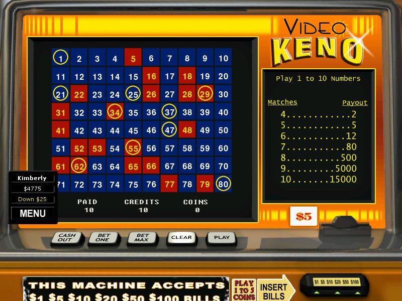 VIDEO KENO Video Keno is very similar to the lottery. Twenty numbers are selected at random from a field of 80 and are displayed on the Keno Machine.