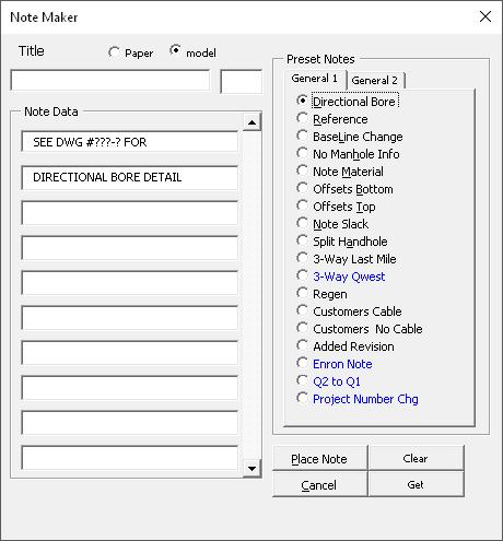 1. To use the Standard Note program the user will use the Note from the Drafting Tools section of the OSP-CAD menu see (Menu Overview).
