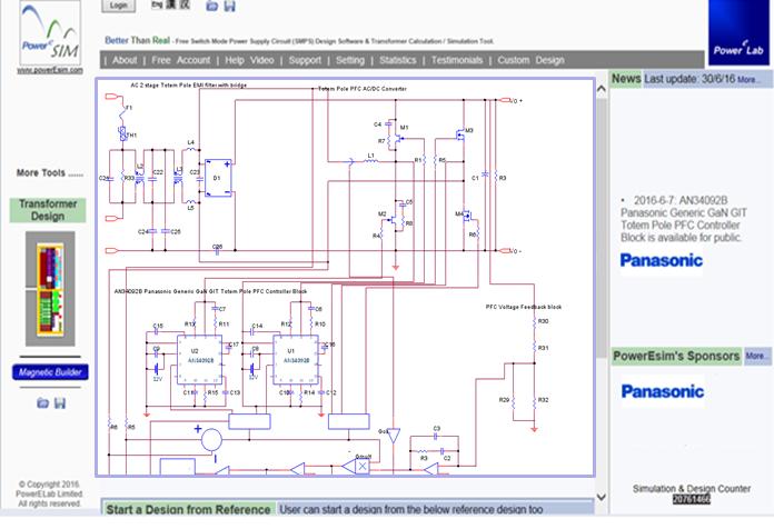 Panasonic web simulation for Totem Pole PFC (TTP) featuring: 1. PGA26E07BA 600V 70mΩ / PGA26E19BA 600V 190mΩ X-GaN Power Transistor 2. AN34092B Single channel X-GaN Gate Driver IC 3.