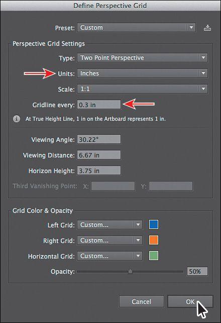 Note If the rest of the values in the Define Perspective Grid dialog box don t match the figure, that s okay. Don t attempt to match the values since it can change your grid in unexpected ways.