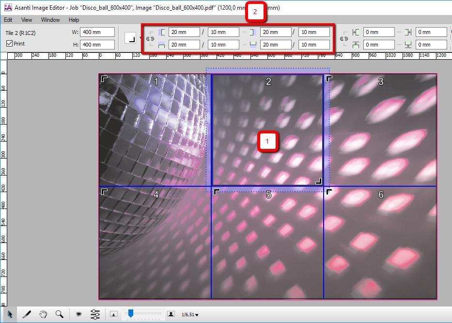 7. Disable tiling. 8. Enable tiling and set the gap and extension size to 0 mm. 9. Select tile 2 (1). 10.